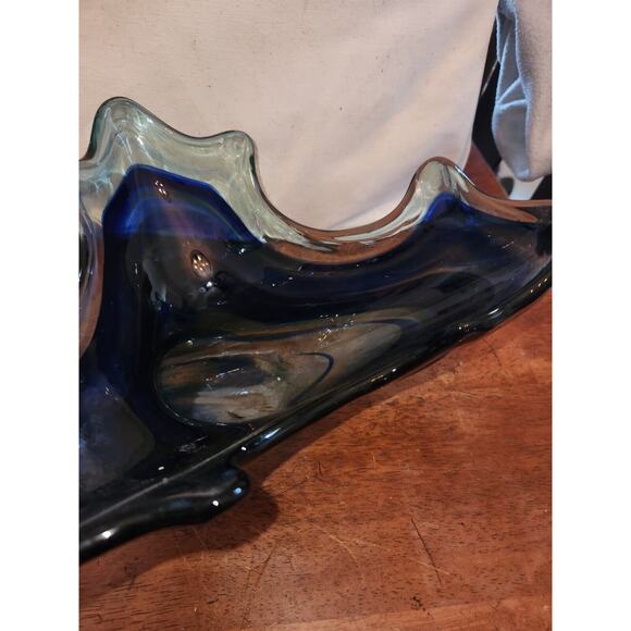 Swan Swirl Bowl/Dish Centerpiece Vintage Blue/Orange Art Glass Large - Picture 4 of 11